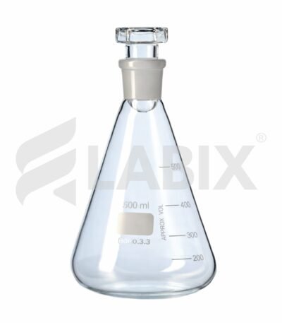 Conical flask with interchangeable glass stopper for laboratory use