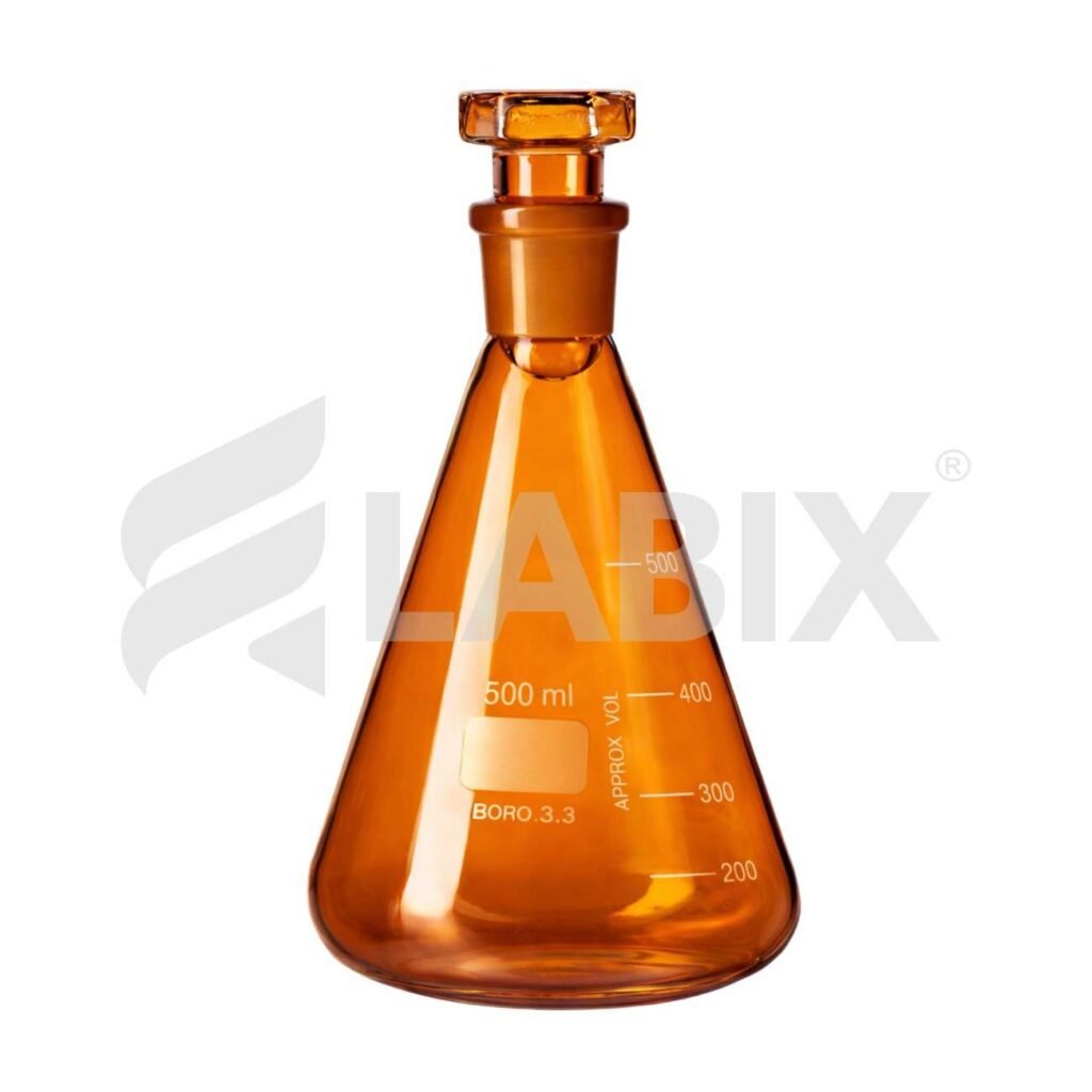 Amber colour conical flask with interchangeable glass stopper for laboratory use