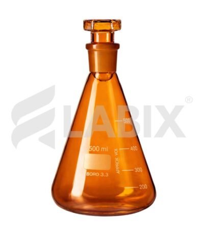 Amber colour conical flask with interchangeable glass stopper for laboratory use