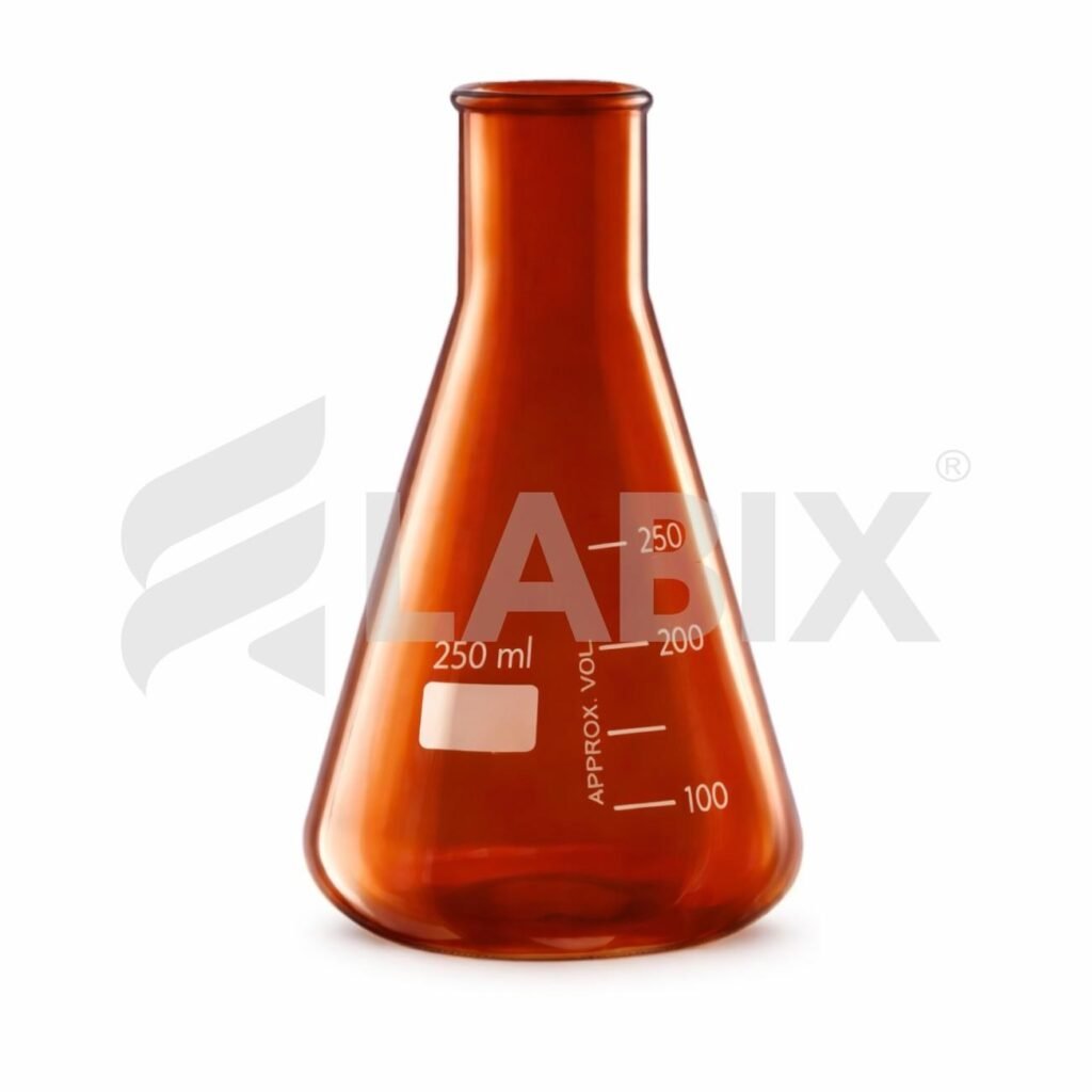 Amber colour Erlenmeyer conical flask with approximate graduations for laboratory use