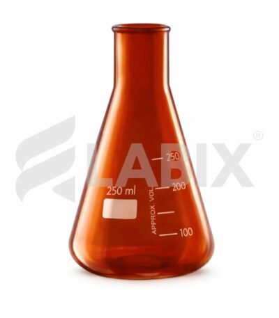 Amber colour Erlenmeyer conical flask with approximate graduations for laboratory use